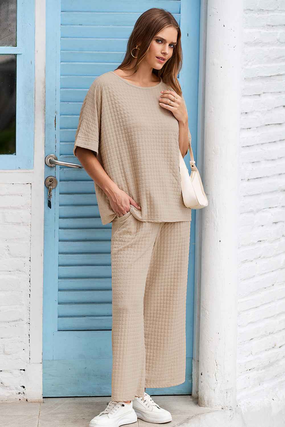 Oatmeal 3D Lattice Texture Sporty Dolman Top Drawstring Pants Set