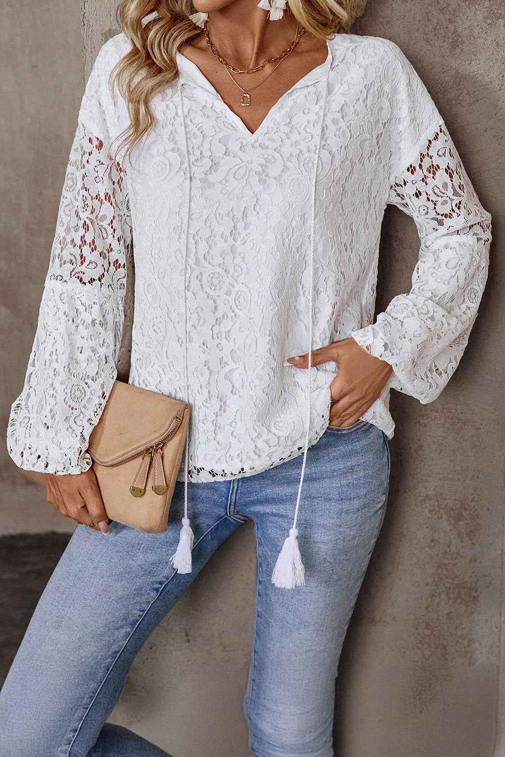 White Cutout Lace Elegant Tie V-neck Blouse