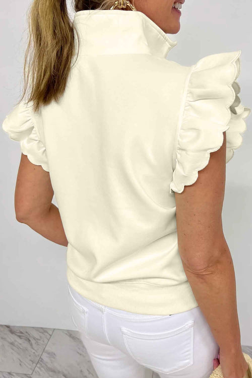 Beige Zipped up Collared Ruffled Short Sleeve Blouse by Wild and Free Boutique