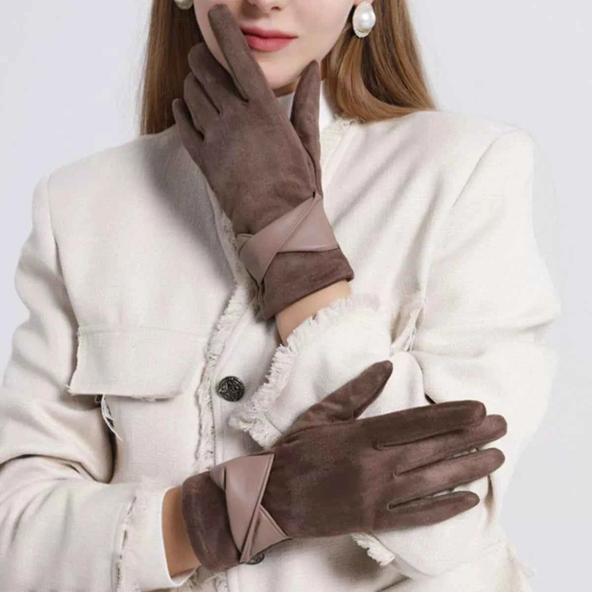 Warm Leather Trimmed Suede Gloves