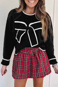 Fiery Red Contrast Trim Big Bow Accent Holiday Cropped Sweater