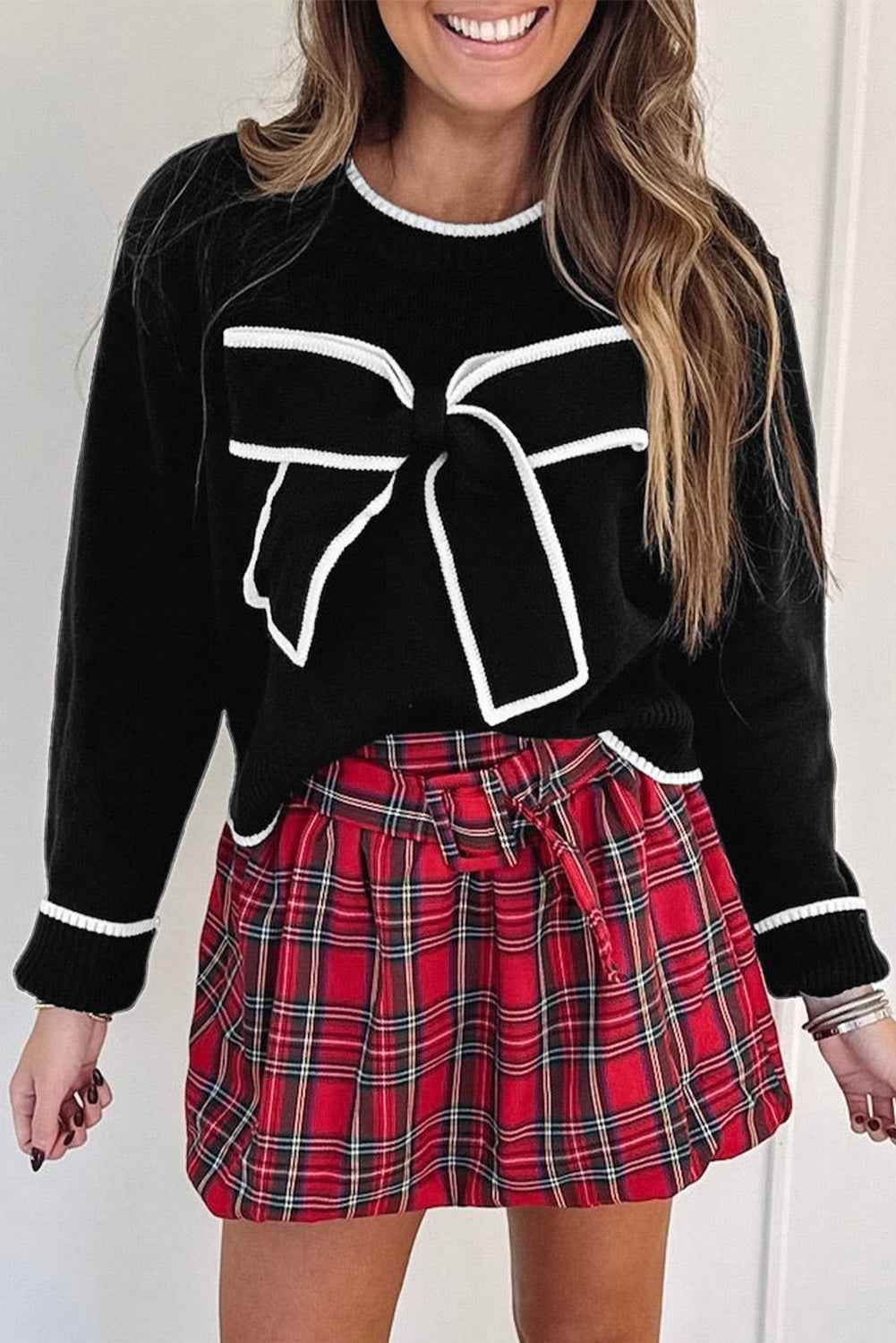 Fiery Red Contrast Trim Big Bow Accent Holiday Cropped Sweater