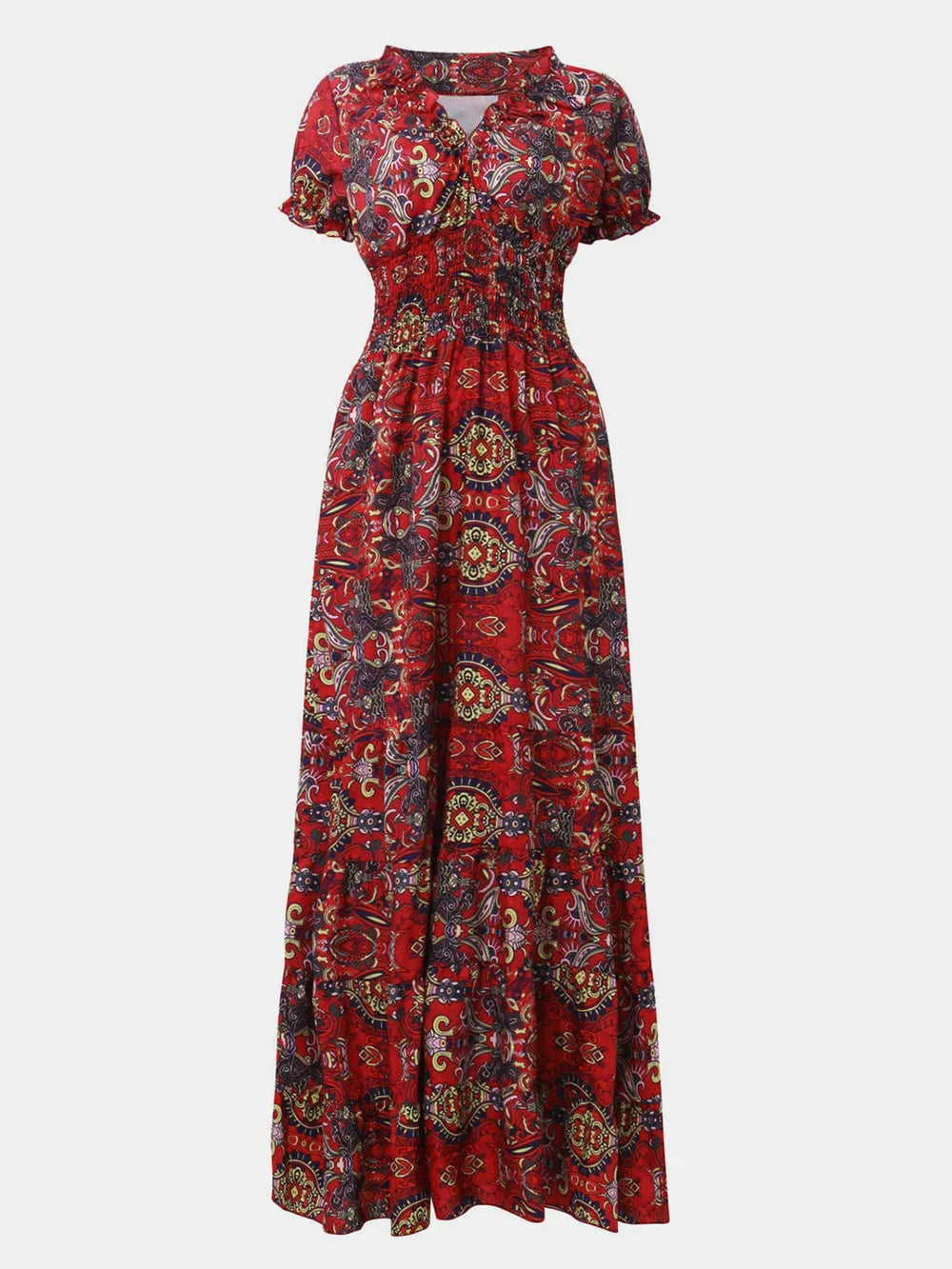 Smocked Printed V-Neck Short Sleeve Dress by Shopiebay