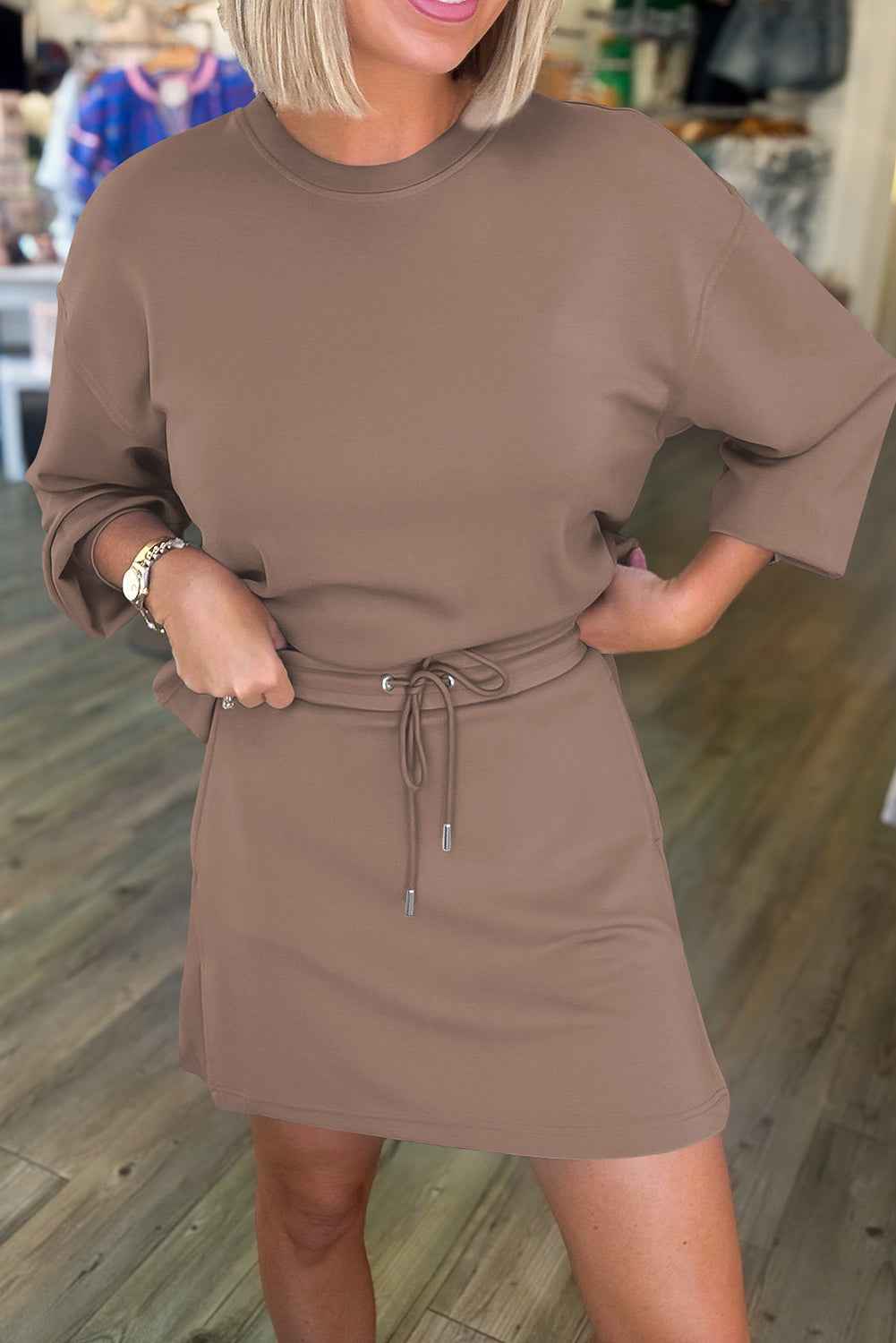 Coffee Solid Color Drop Shoulder Pullover Drawstring Mini Skirt Set