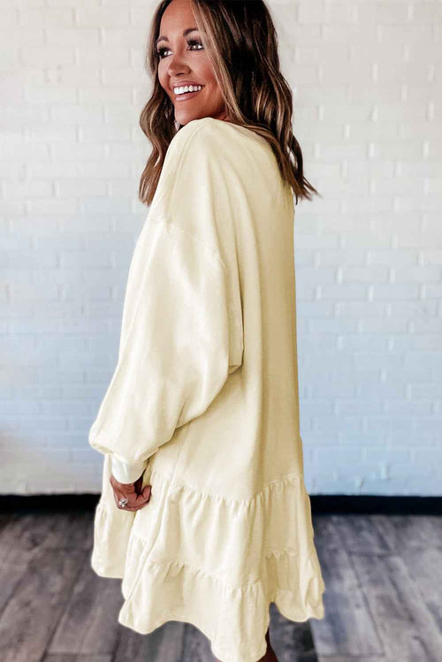 Beige Double Tiered Ruffle Hem Long Sleeve Loose Mini Dress by Wild and Free Boutique