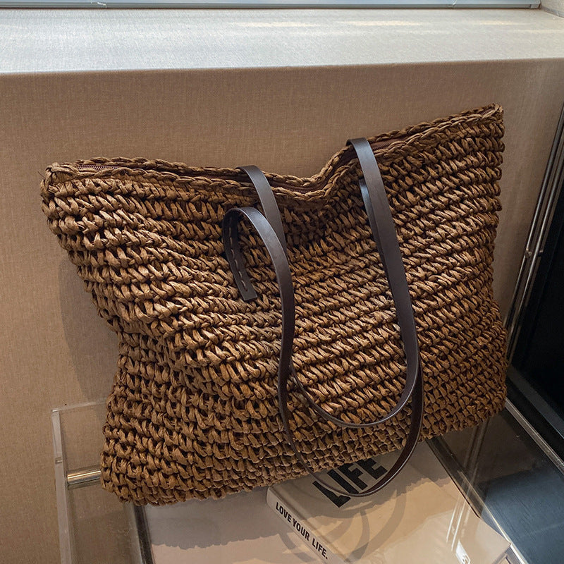 Summer Woven Shoulder Bag Ins Fashion Large Capacity Handbags With Zipper Women's Beach Bags