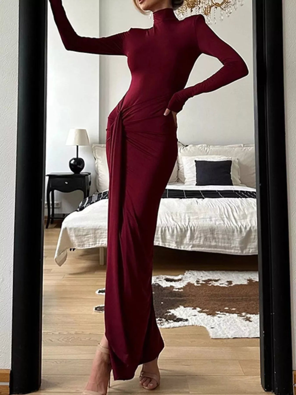 Turtleneck Long Sleeve Slit Maxi Dress by Shopiebay