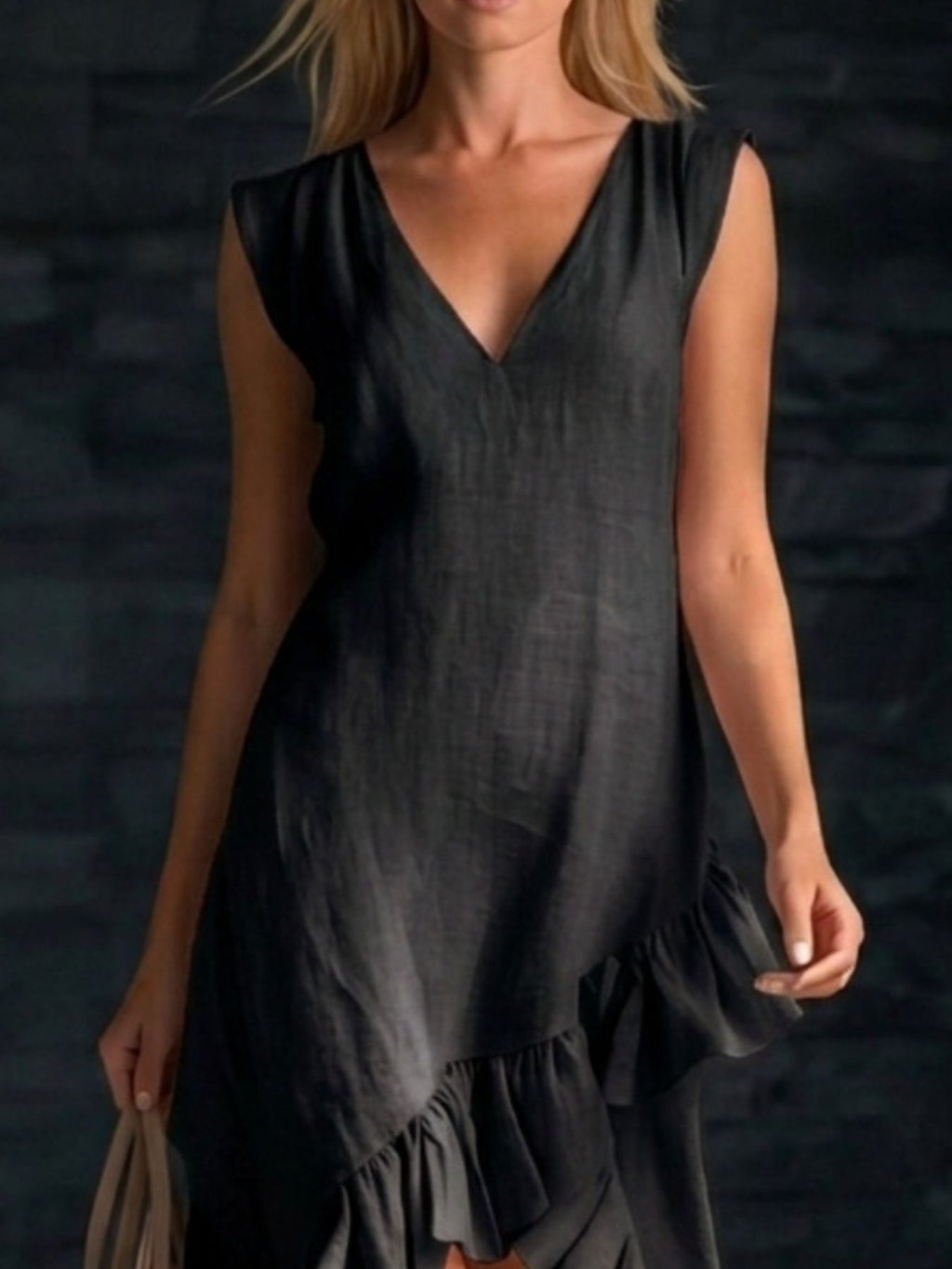 Sleeveless V-Neck Ruffle Hem High-Low Dress by Shopiebay