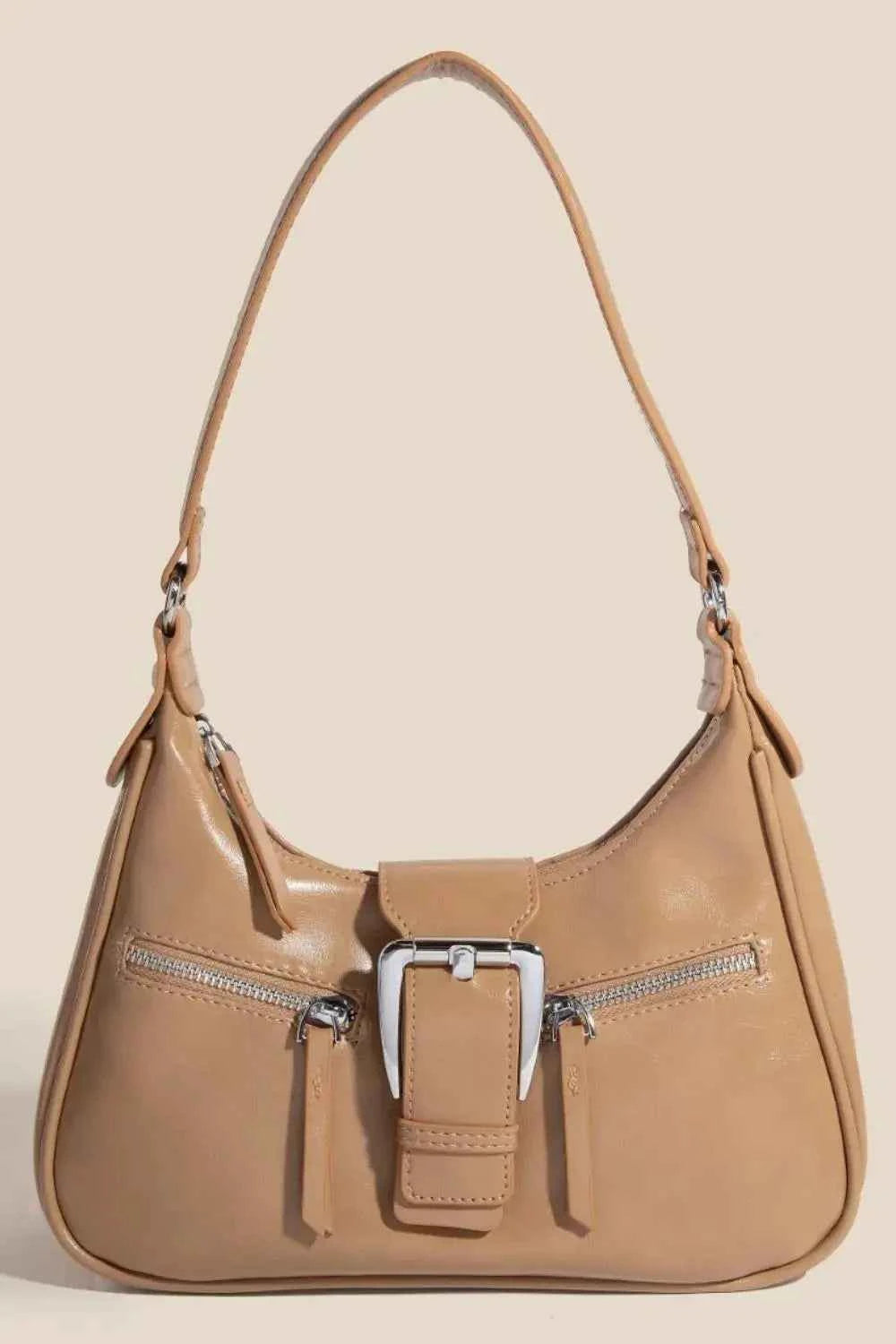 Fame Tan Large Buckle Triple Zipper Faux Leather Shoulder Handbag