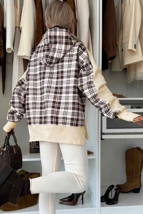 Beige Plaid Patchwork Side Slit Sweatshirt by Wild and Free Boutique