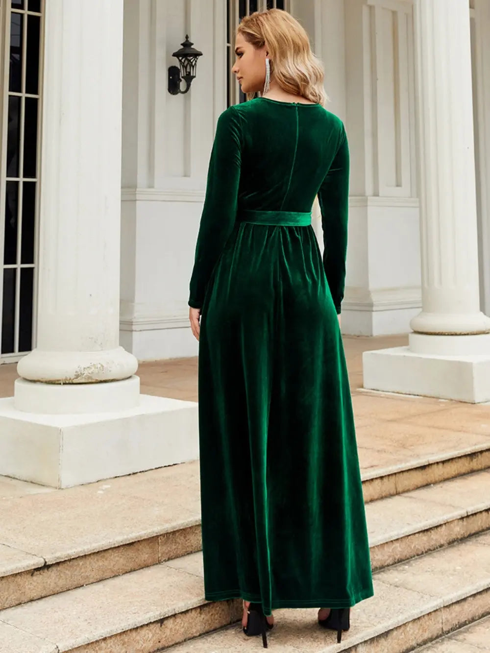 Tie Front Round Neck Long Sleeve Maxi Dress by Shopiebay