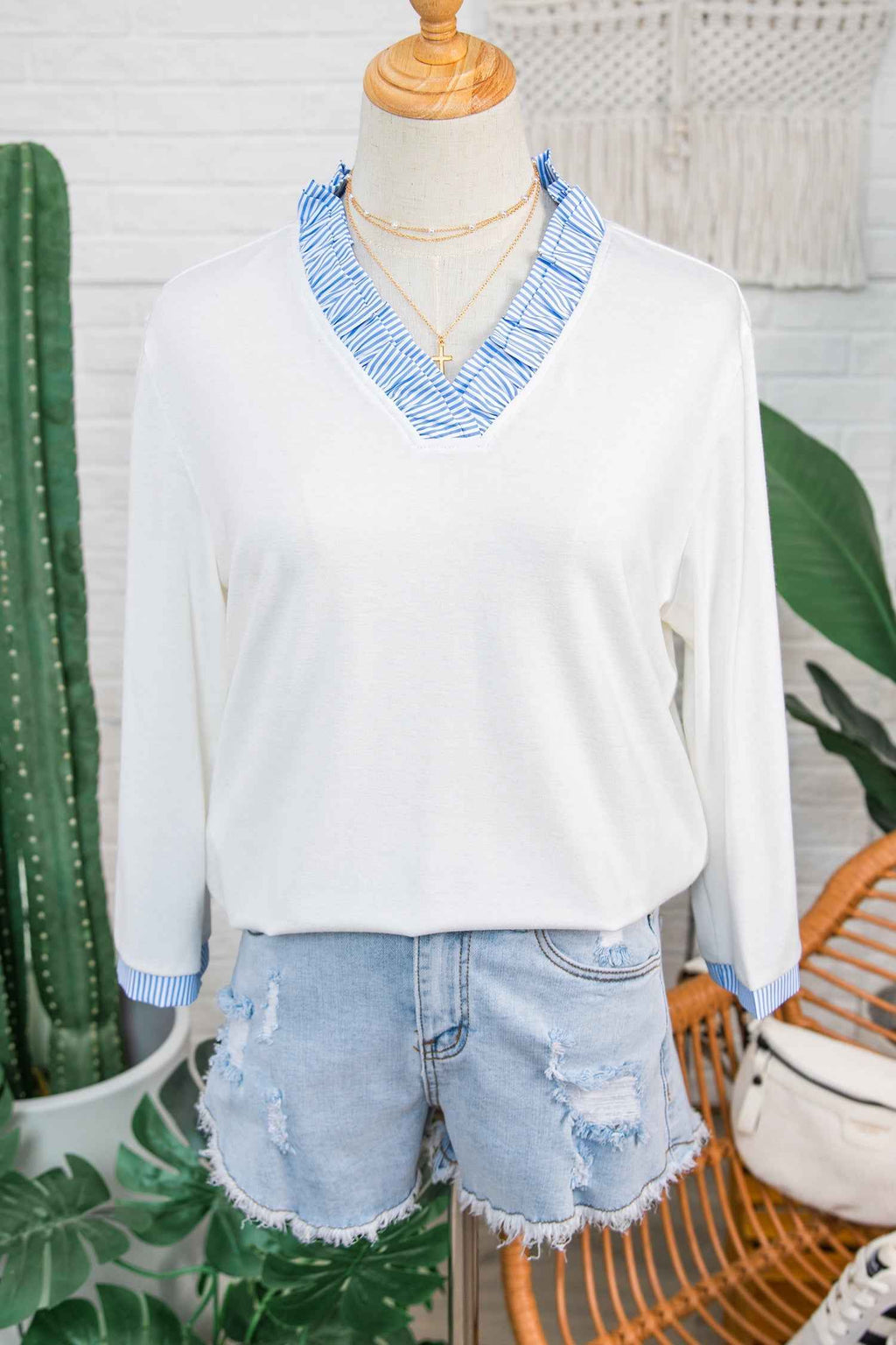 White Striped Patchwork V Neck 3/4 Sleeve Blouse