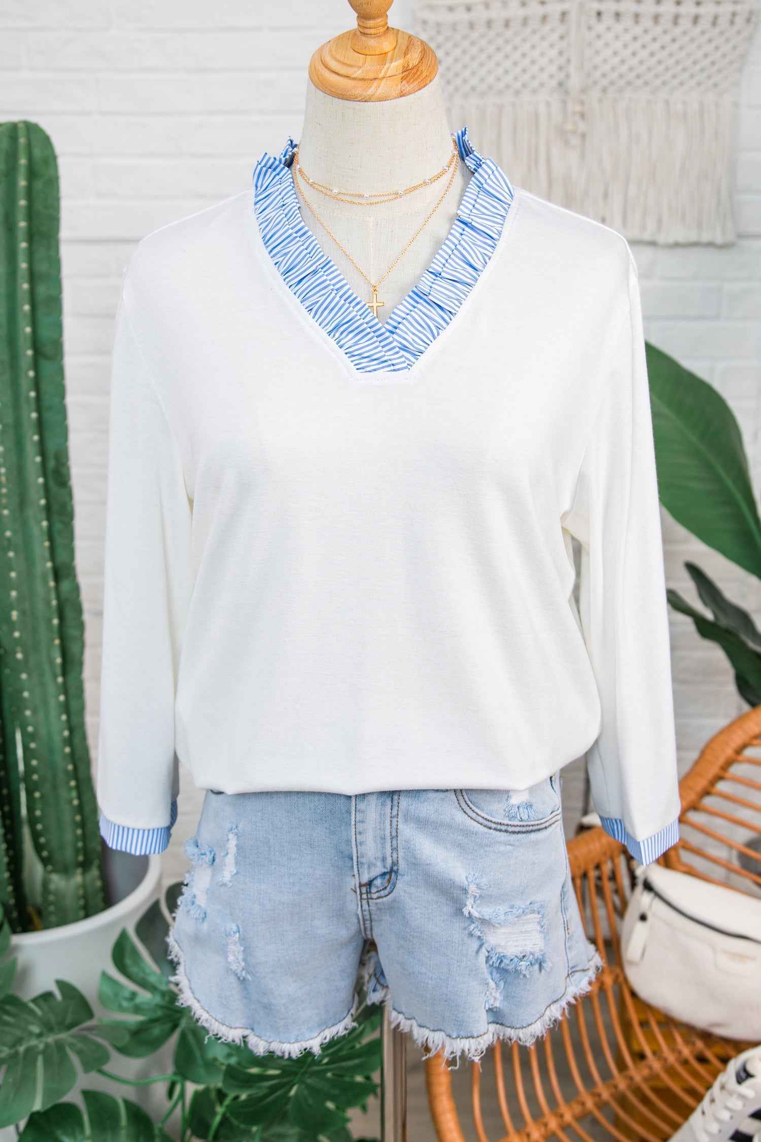 White Striped Patchwork V Neck 3/4 Sleeve Blouse