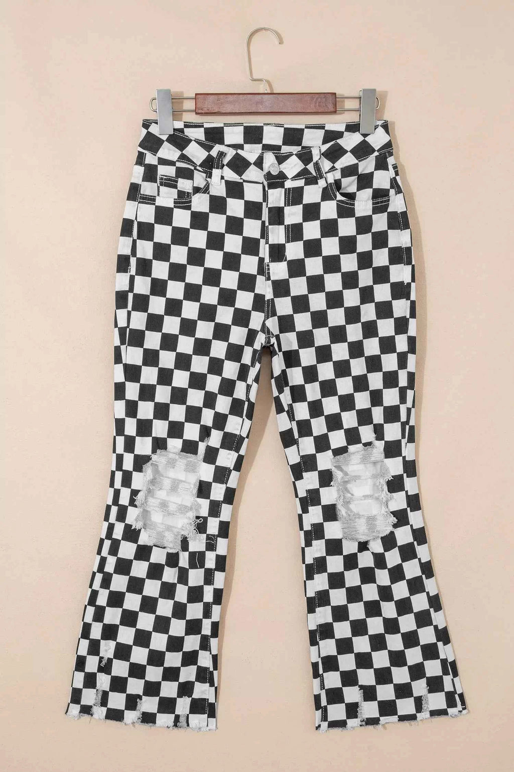 Checkerboard Print Distressed Holes Raw Edge Cropped Jeans