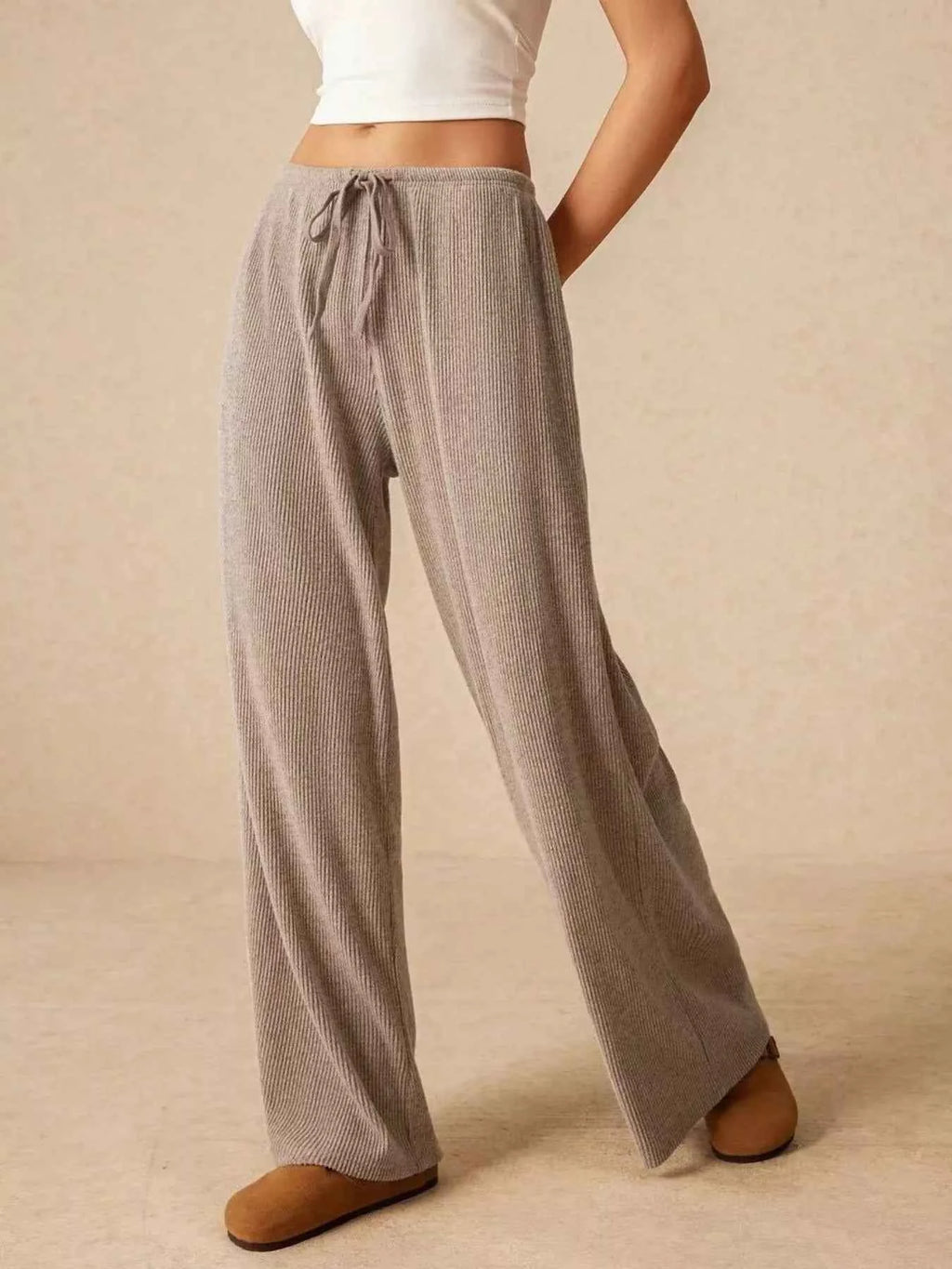 Ribbed Drawstring Wide Leg Pants