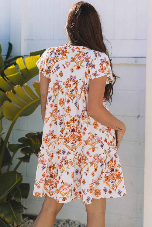 Apricot Floral Geometric Print Ruffled Trim Flutter Sleeve Mini Dress by Wild and Free Boutique