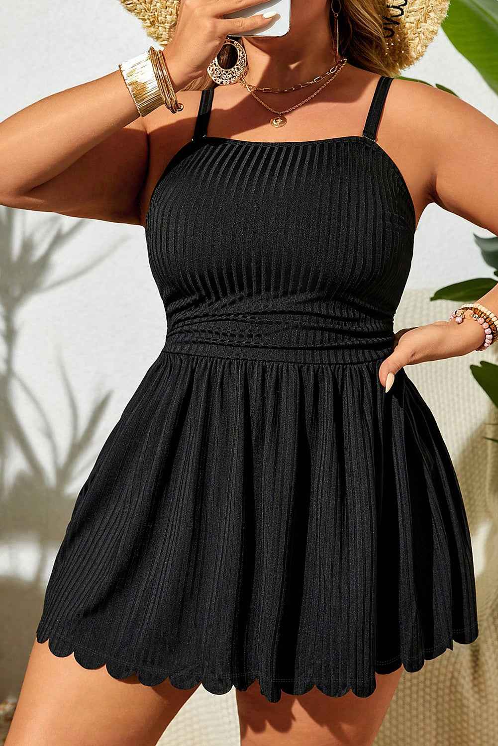 Black Plus Size Textured Scalloped Trim Swim Dress with Panty