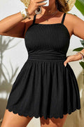 Black Plus Size Textured Scalloped Trim Swim Dress with Panty