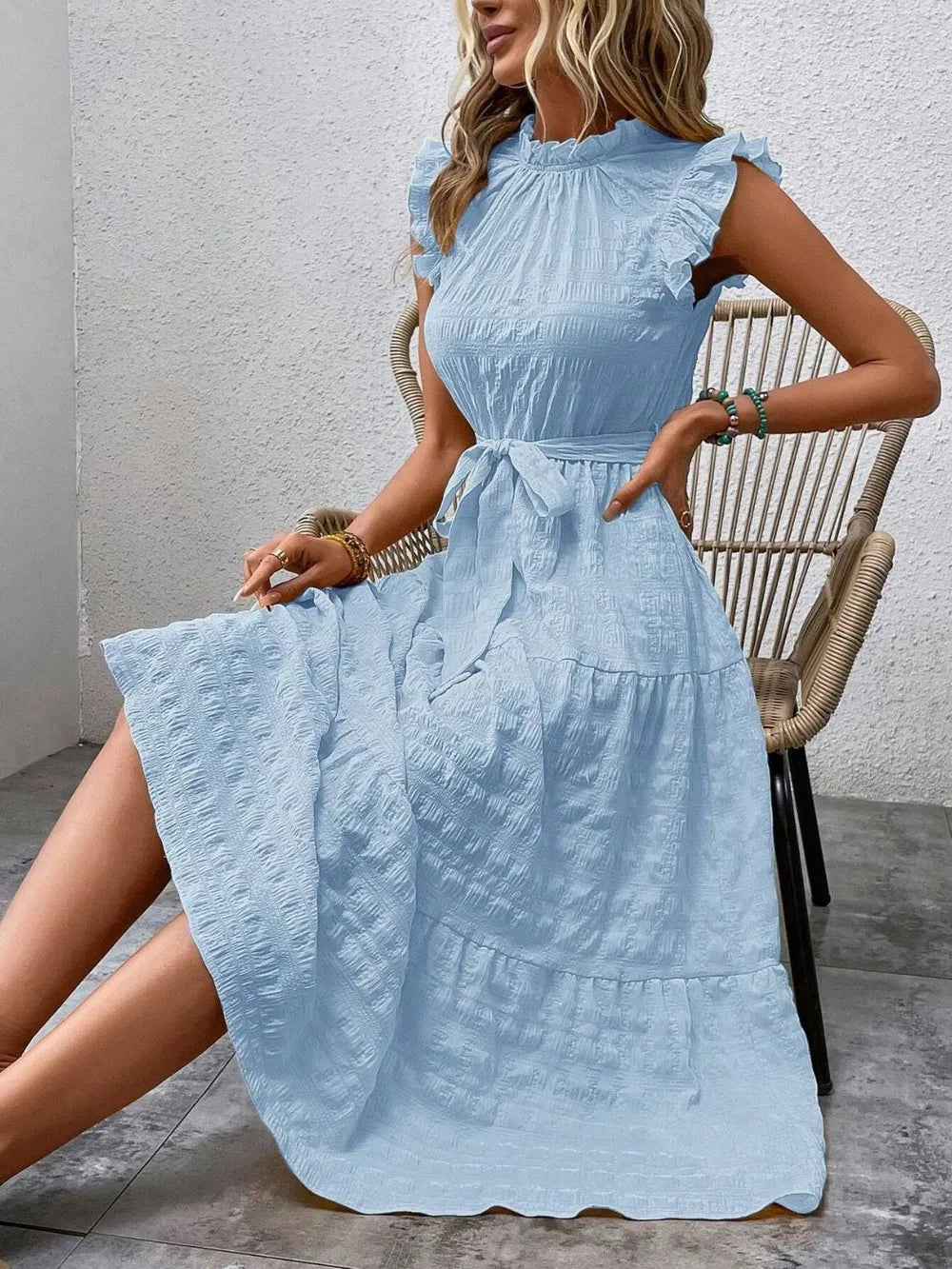 Tied Ruffled Cap Sleeve Midi Dress by Shopiebay