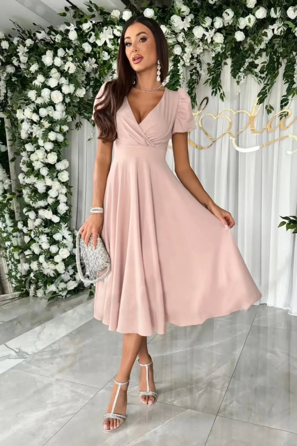 Surplice Puff Sleeve Midi Dress by Shopiebay