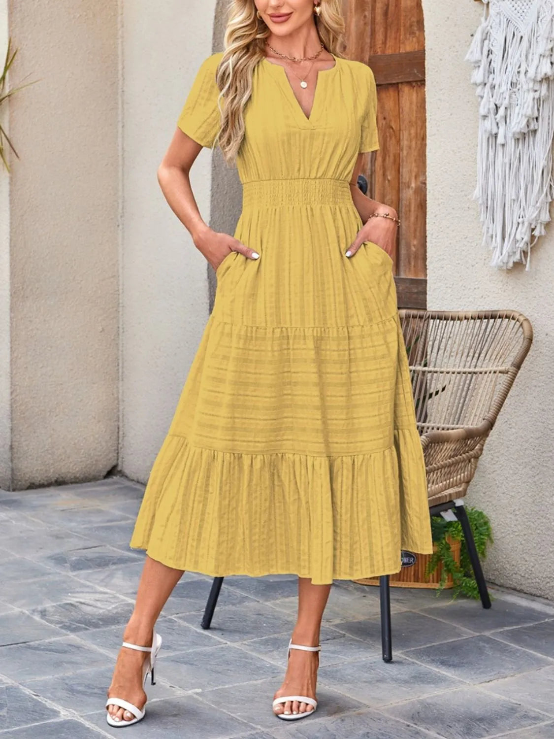 Tiered Notched Short Sleeve Dress by Shopiebay