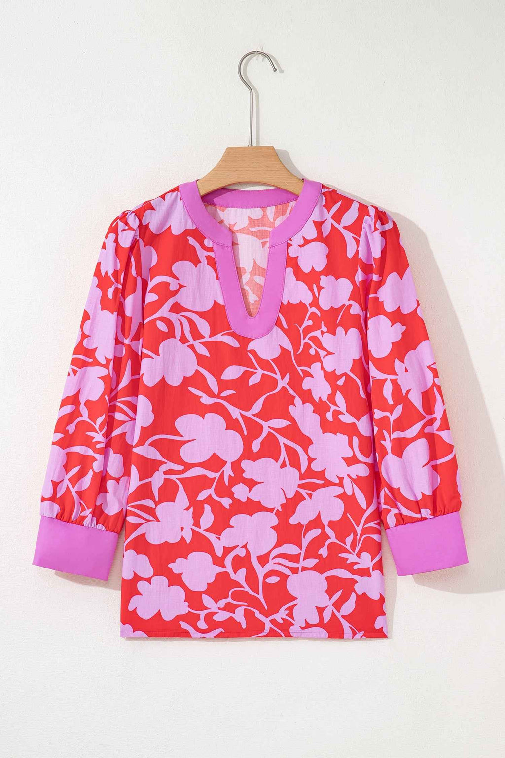 Red Floral Print Split V Neck Cuffed Bracelet Sleeve Blouse
