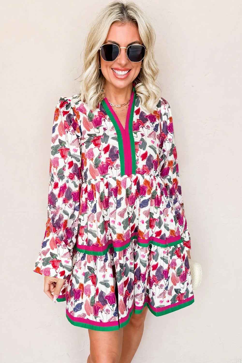 Purple Floral Print Contrast Striped Detail Long Sleeve Mini Dress
