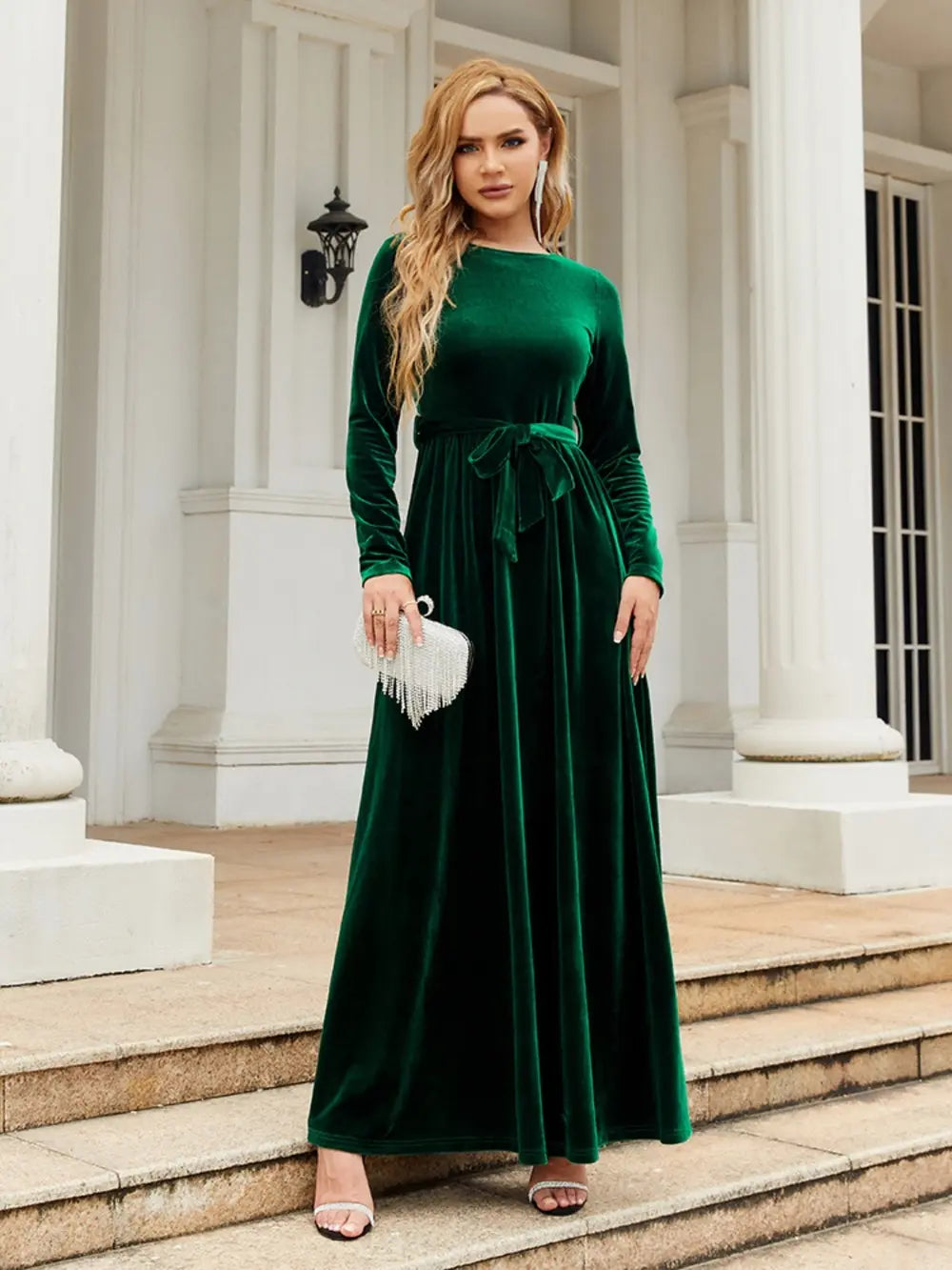 Tie Front Round Neck Long Sleeve Maxi Dress by Shopiebay