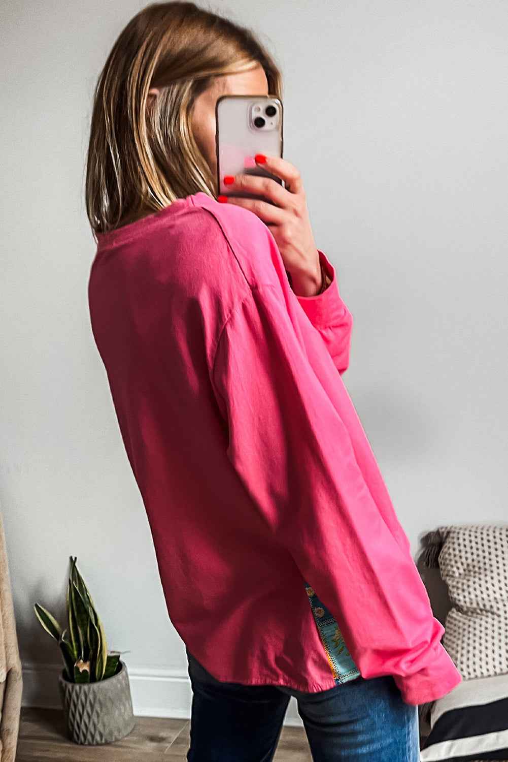 Strawberry Pink Floral Hemline Patchwork Round Neck Casual Top
