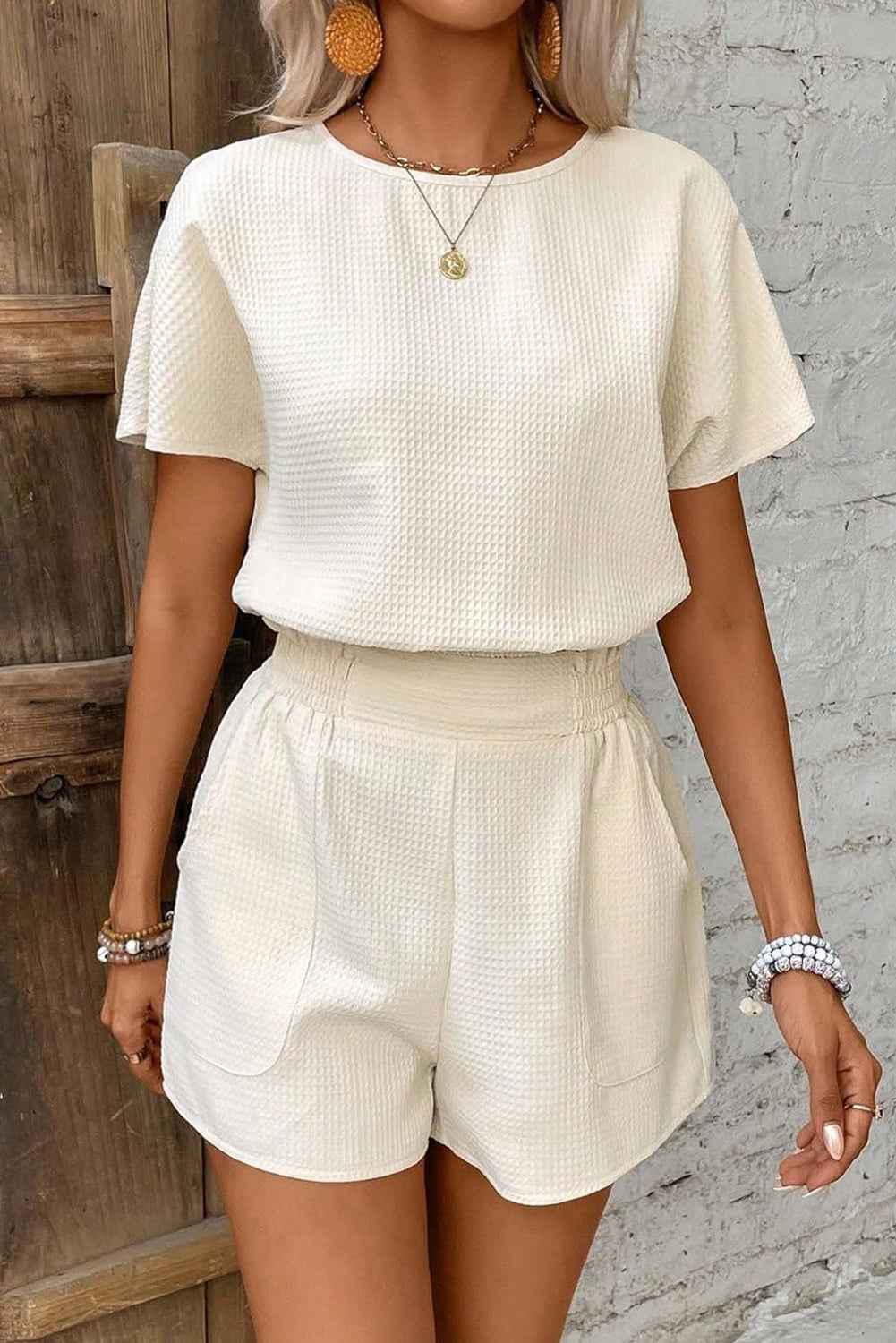 Beige Solid Textured Top and Shorts Set
