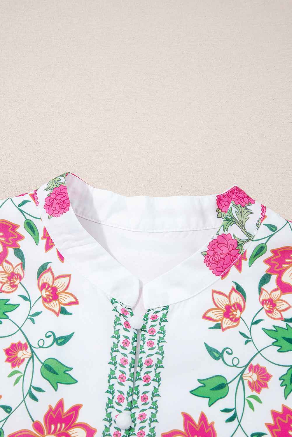 White Floral Print Half Button Mandarin Neck 3/4 Sleeve Maxi Dress