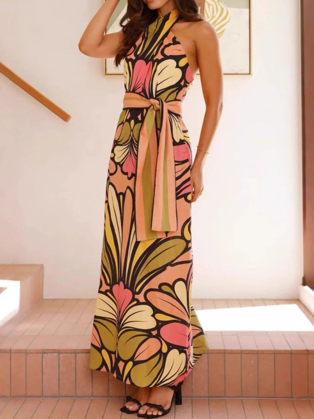 Printed Halter Neck Maxi Cami Dress by Shopiebay