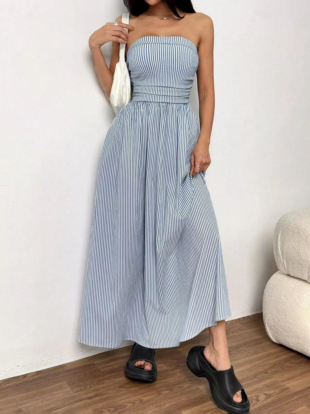 Striped Strapless Casual Maxi Dress by Shopiebay