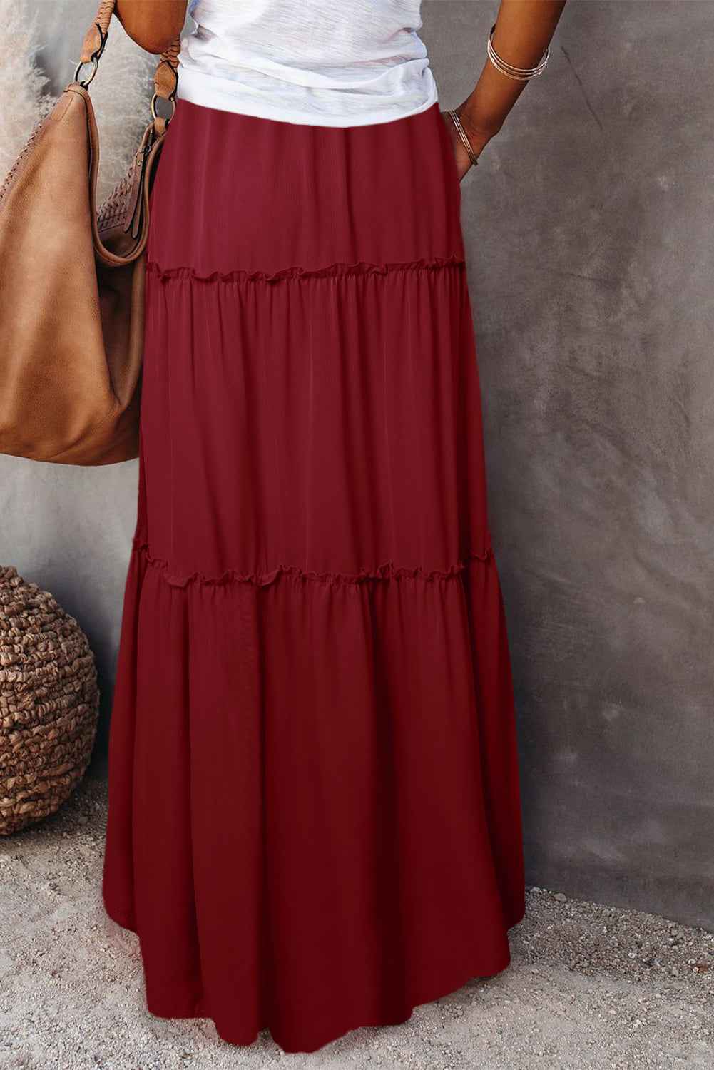 Fiery Red Black Frill Tiered Drawstring Waist Maxi Skirt