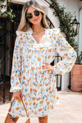 Yellow Floral Print Tie Neck Frilled Detail Long Sleeve Mini Dress