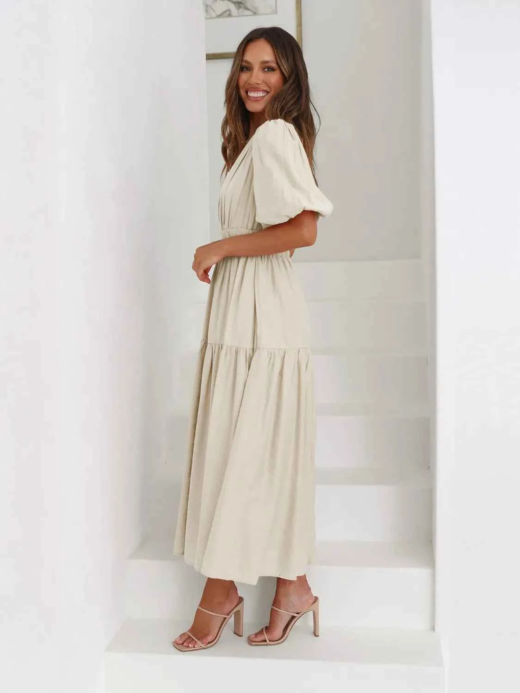 Tiered Surplice Half Sleeve Midi Dress