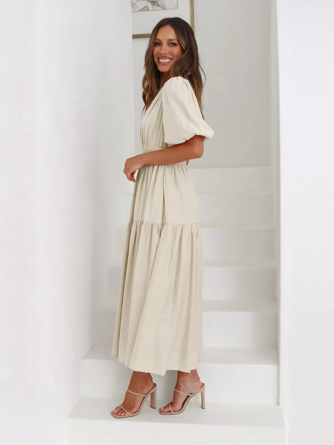 Tiered Surplice Half Sleeve Midi Dress by Shopiebay