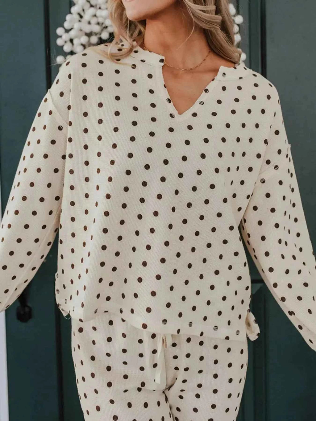 Polka Dot Notched Long Sleeve Top and Drawstring Loungewear Set