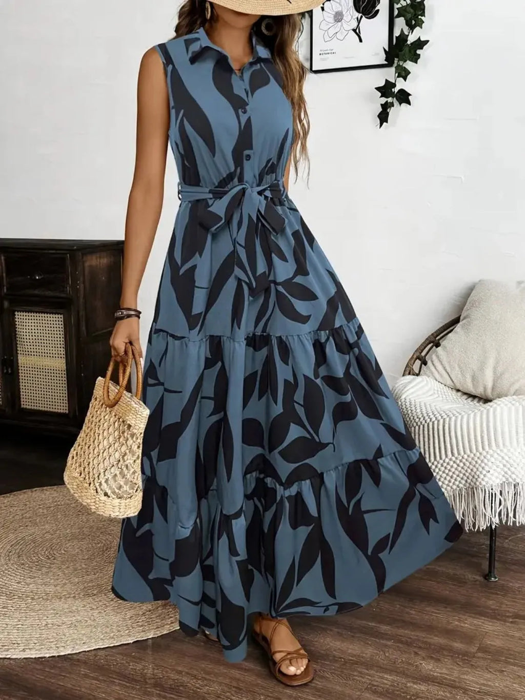 Printed Tie Waist Sleeveless Maxi Dress by Shopiebay