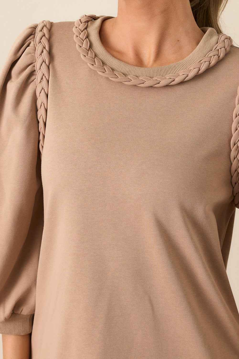 Light French Beige Twist Braided Embellished Puff Sleeve Dress