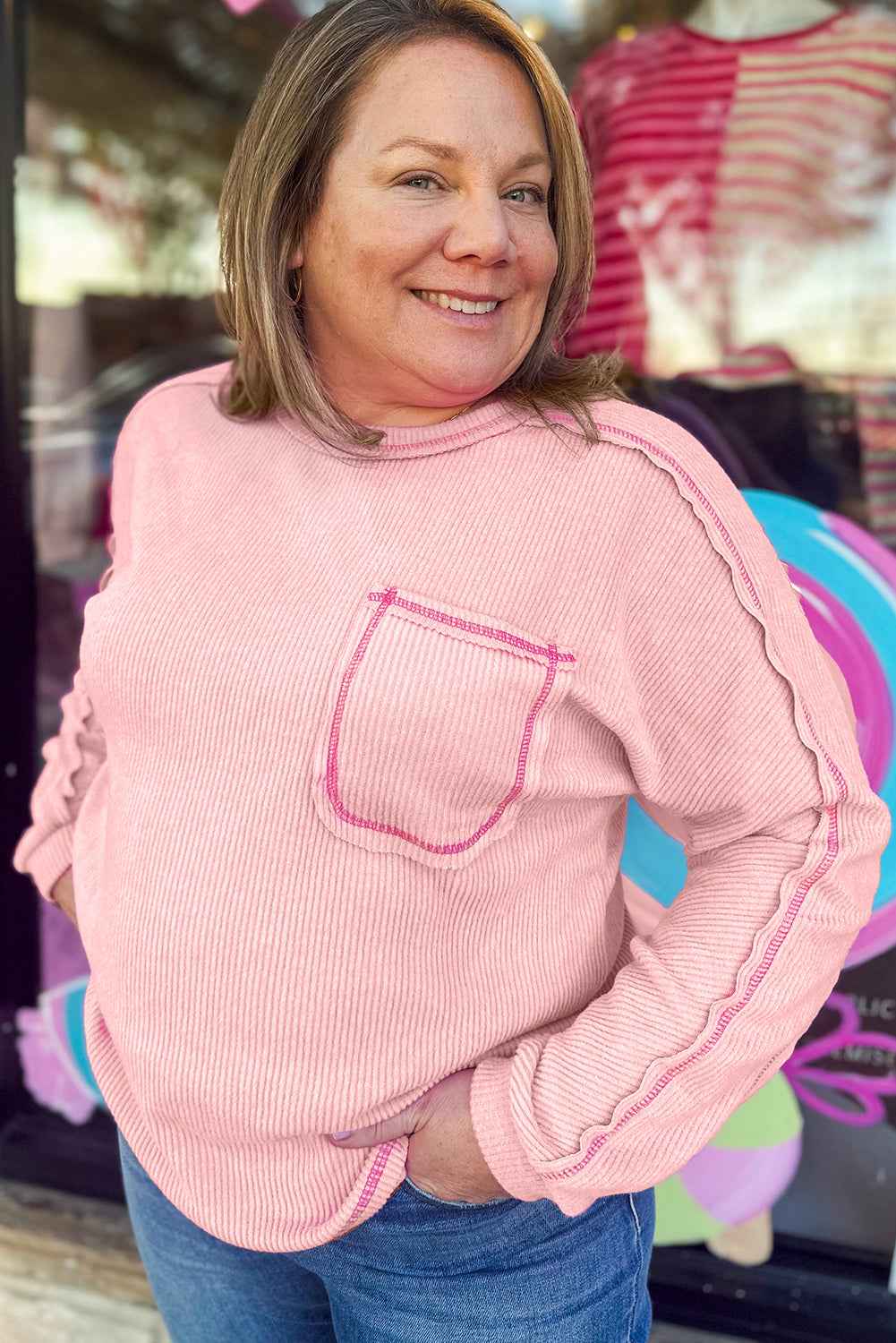 Bonbon Ribbed Exposed Seam Chest Pocket Plus Size Long Sleeve Top