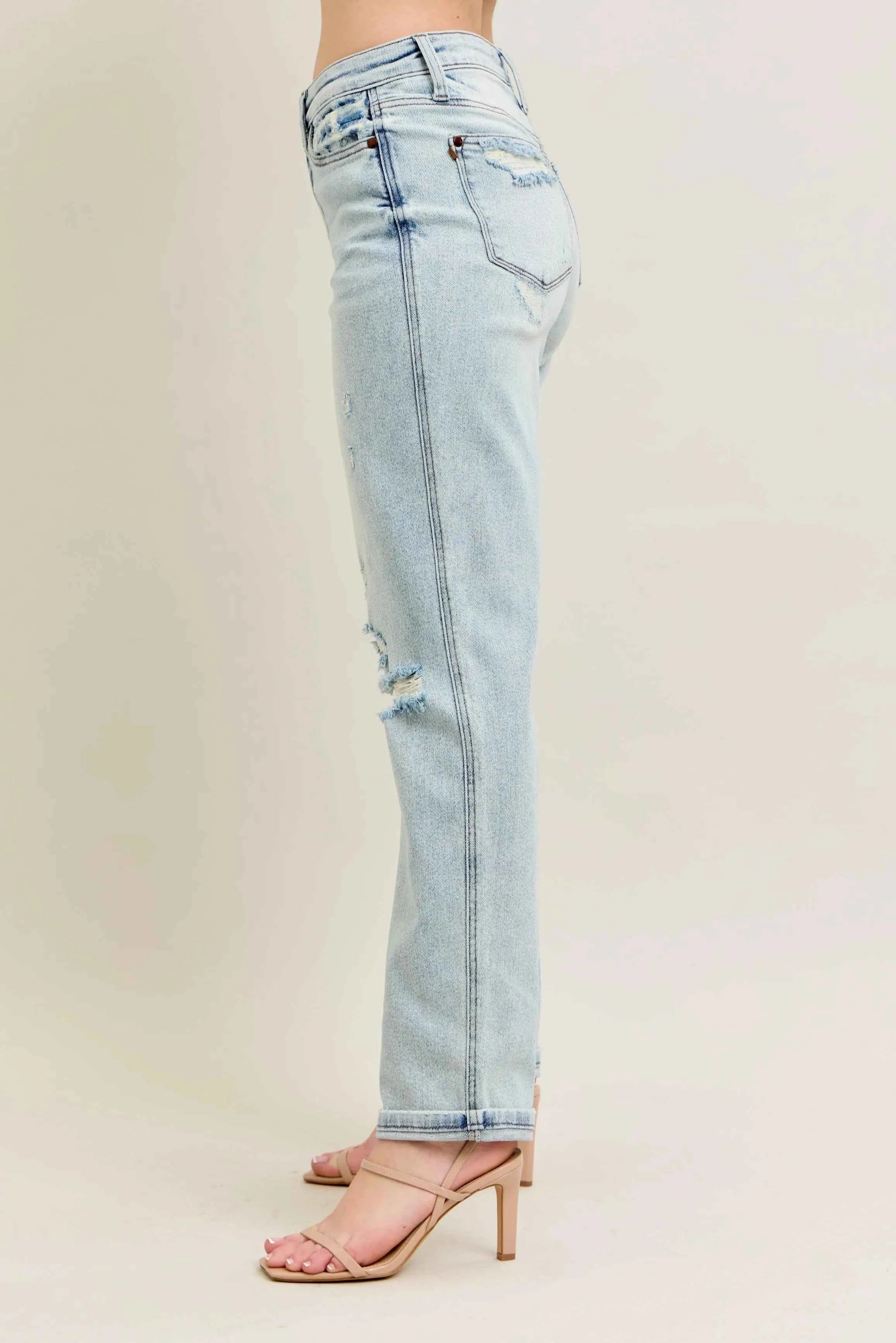 Judy Blue Full Size Mr Repair Stitch Detail Destroy Single Cuff Bf Jeans Plus Size