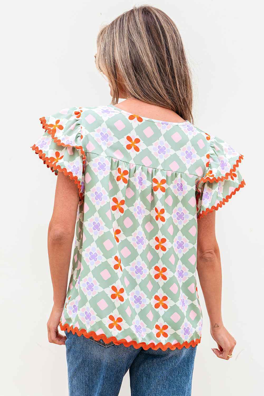 Green Geometric Floral Print Layered Flutter Sleeve V Neck Ric Rac Trim Blouse