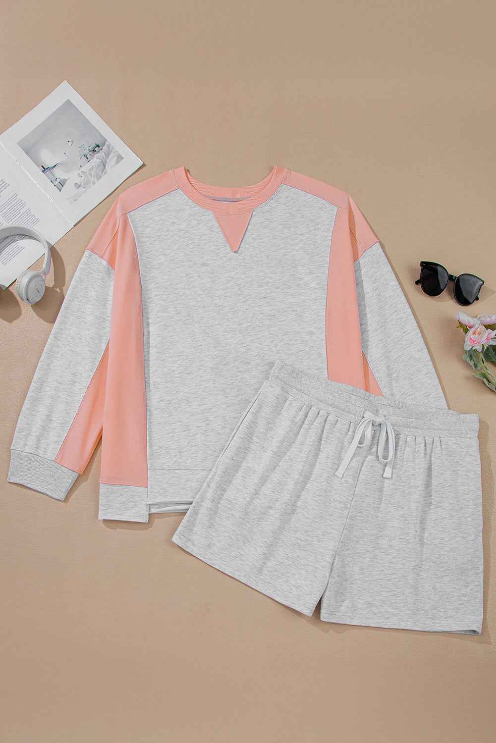 Light Grey Uneven Hem Colorblock Patchwork Pullover Shorts Plus Size 2pcs Outfit by Wild and Free Boutique