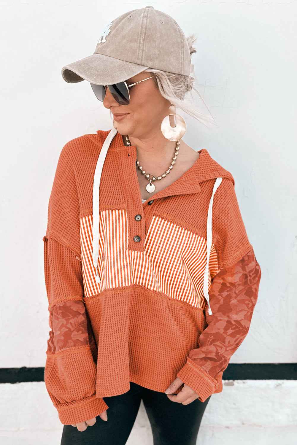 Cinnamon Striped Waffle Patchwork Drawstring Hooded Long Sleeve Top