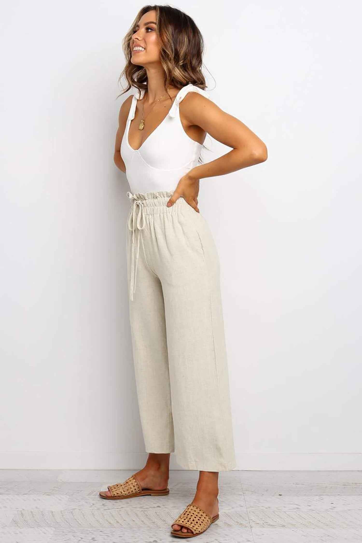 Khaki Paperbag Waist Straight Leg Cropped Pants