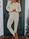 Polka Dot Notched Long Sleeve Top and Drawstring Loungewear Set