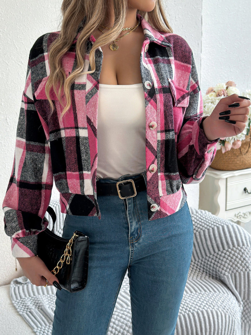 Plaid Faux Pocket Long Sleeve Woolen Cloth Jacket Coat