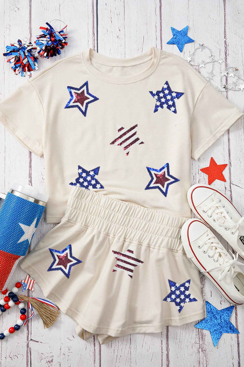 Beige Sequin Patriotic Star Cropped Tee Skort 2pcs Set by Wild and Free Boutique