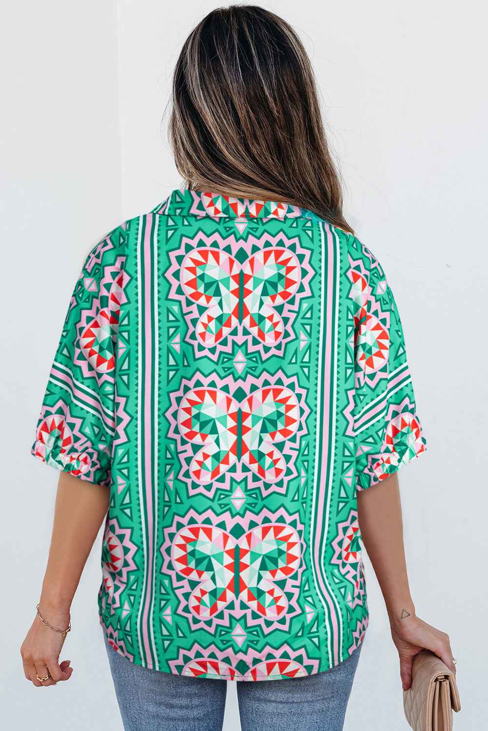 Sea Green Boho Abstract Print Contrast Striped Collared V Neck Blouse